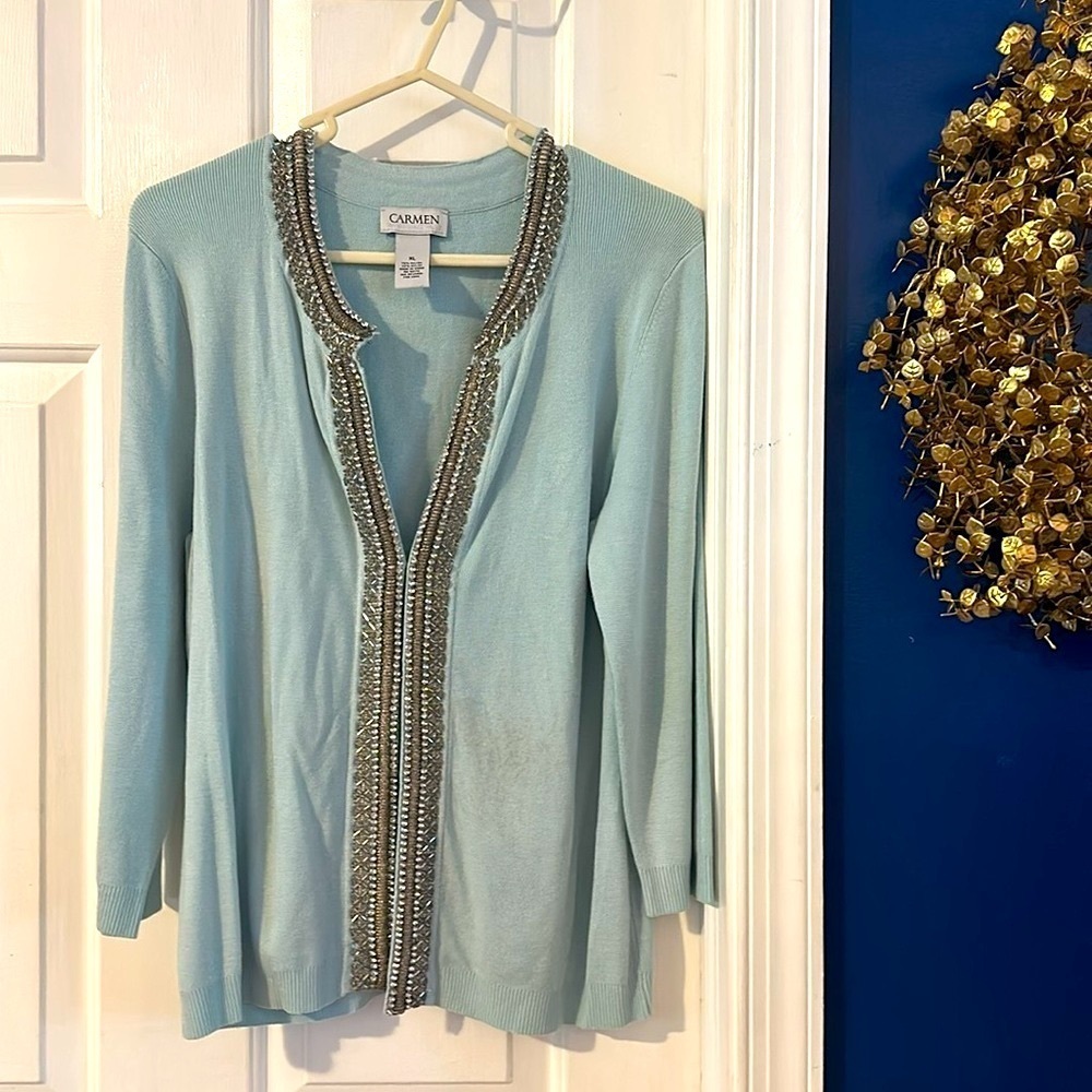 Women’s Carmen Marc Valvo Light Blue Beaded Clasp Closure 3/4 Sleeve Cardigan